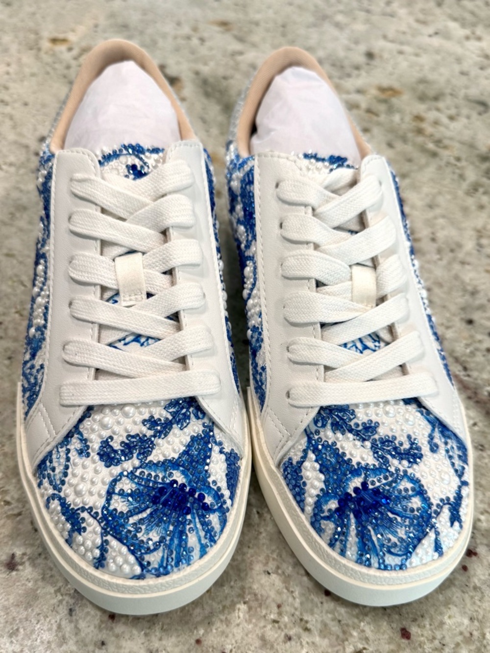 Betsey Johnson White and Blue Beaded Floral "Damon" Sneakers "NEW"